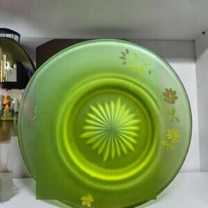 Vintage Uranium Vaseline Glass Plate Frosted Satin Yellow Green Starburst